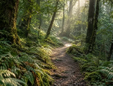 Sunlight falls across a quiet path through green woodland.
