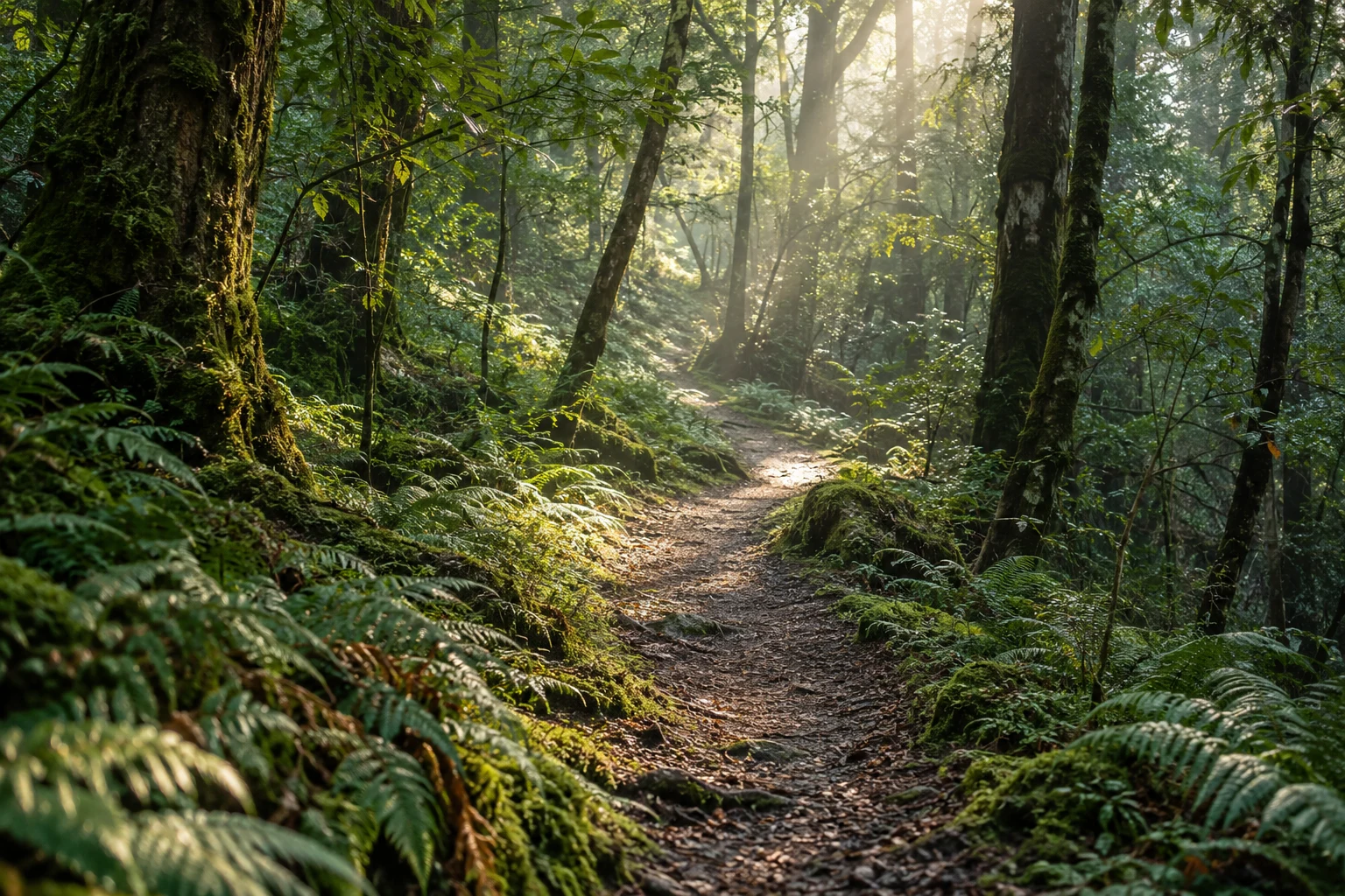 Sunlight falls across a quiet path through green woodland.